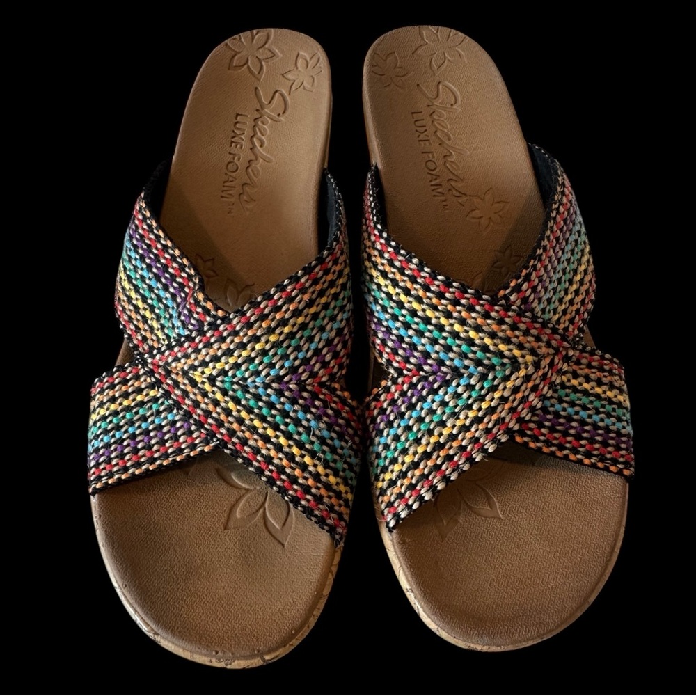 Skechers Wedge Luxe Foam Strap Slip On Comfort Rainbow Cork Sandals Size 8 - Picture 2 of 7